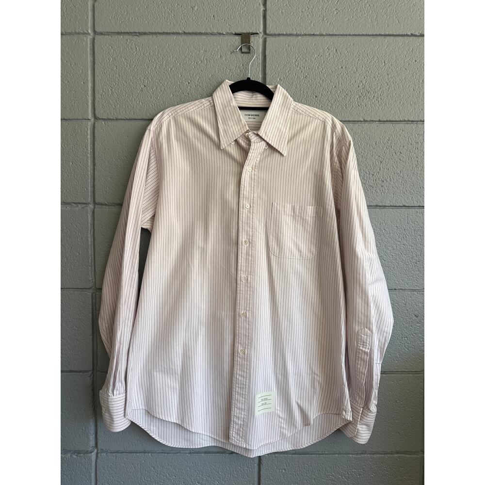 Thom Browne Men's Oxford Cotton Classic Shirt in Pink Grey Stripe size XXL